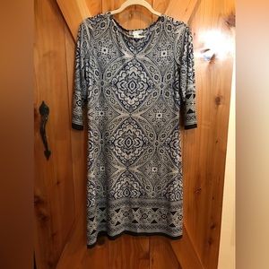 London Times white, navy and black stretch shift dress.